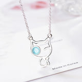 925 Silver Hollow Cat Crystal Necklace Women Chain Fine Jewelry
