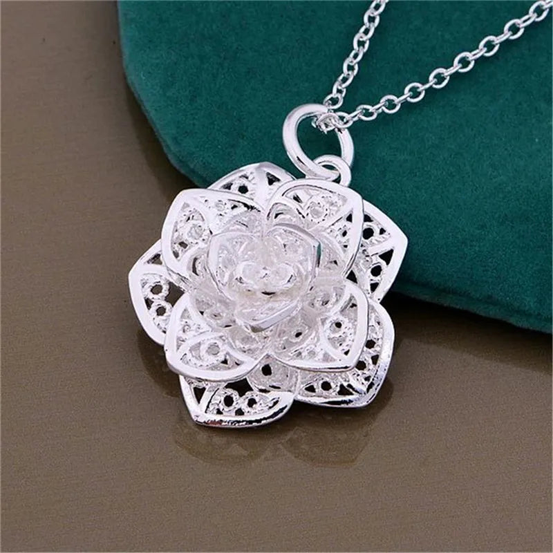 925 Silver Flower Pendant Necklace Women Birthday Gift