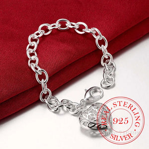 925 Silver Heart Charm Bracelet 8'' Thick Chain Lobster Clasp Bangle