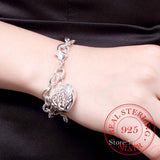 925 Silver Heart Charm Bracelet 8'' Thick Chain Lobster Clasp Bangle