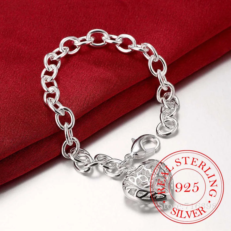 925 Silver Heart Charm Bracelet 8'' Thick Chain Lobster Clasp Bangle
