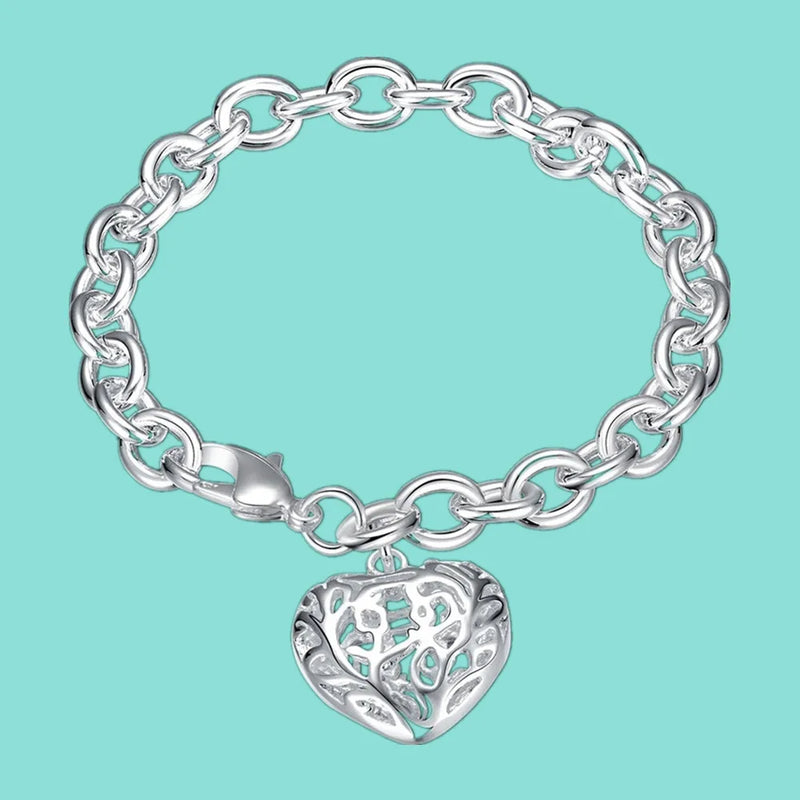 925 Silver Heart Lobster Clasp Charm Bracelet for Women