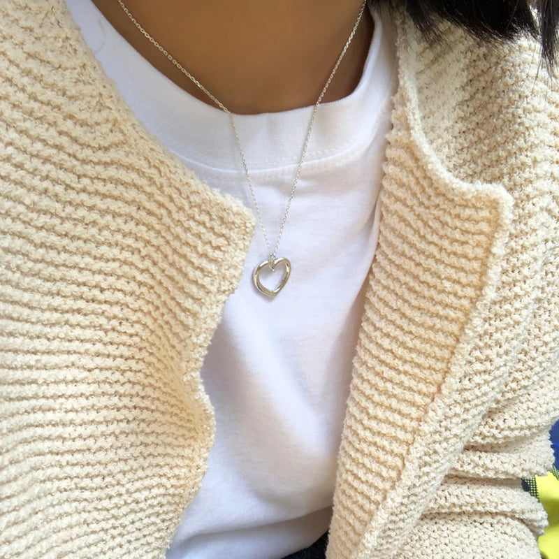 925 Silver Hollow Heart Pendant Necklace Vintage Braided Outline Heart Necklace