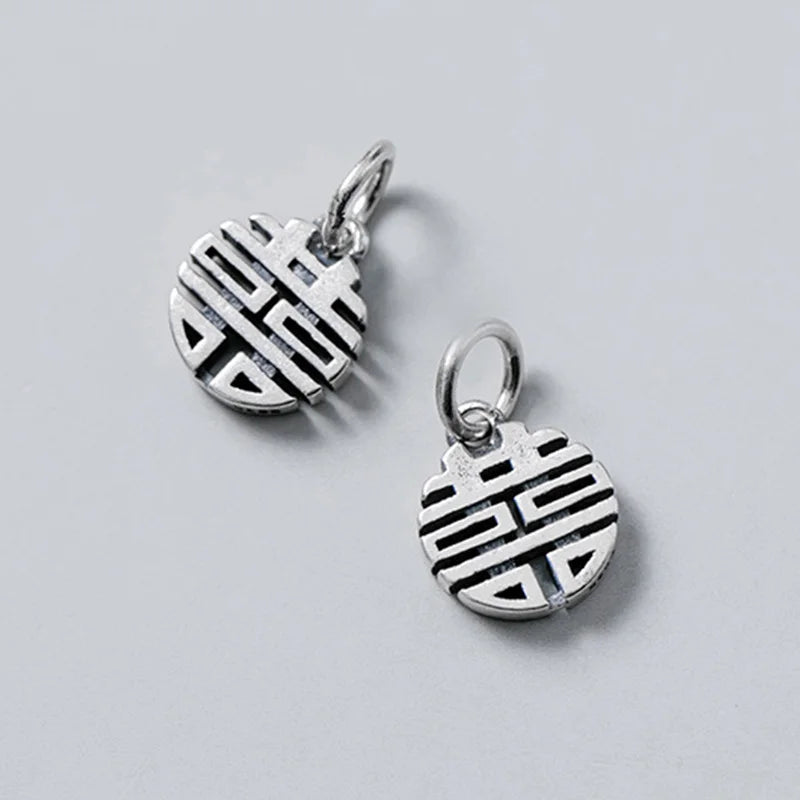 925 Silver Chinese Happiness Round Charms 11mm Bracelet Pendants DIY Findings