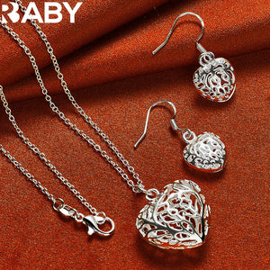 925 Silver Hollow Heart Earrings Necklace Set Wedding Charms