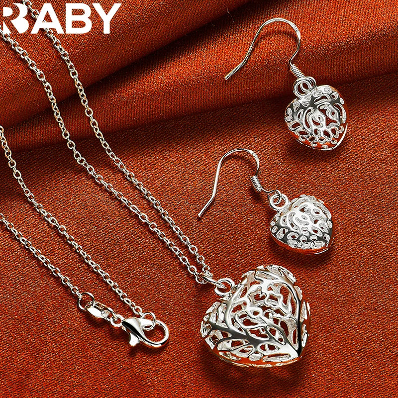 925 Silver Hollow Heart Earrings Necklace Set Wedding Charms