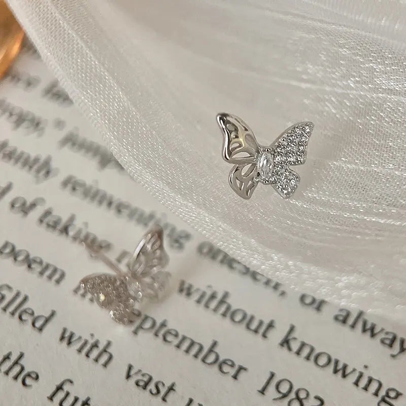 925 Silver Zircon Butterfly Wing Stud Earrings for Women