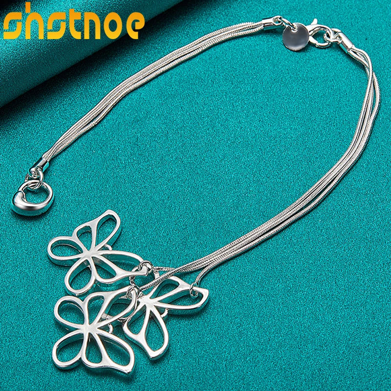 925 Silver Hollow 3 Butterflies Chain Bracelet Women Party Wedding Gift