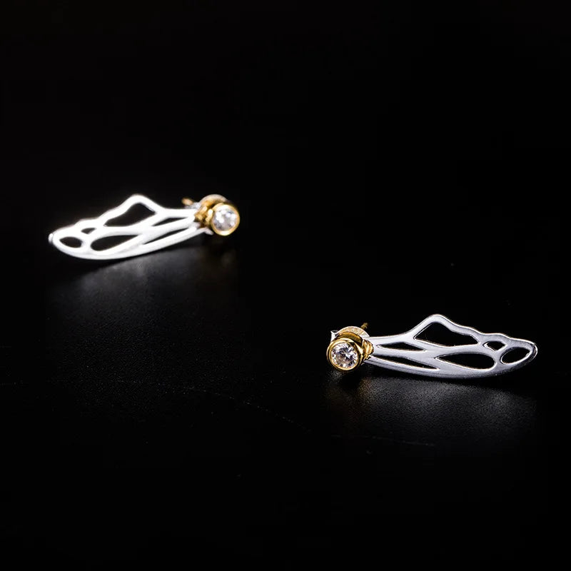 925 Silver Hollow Wings Zircon Stud Earrings High Female Vintage Jewelry