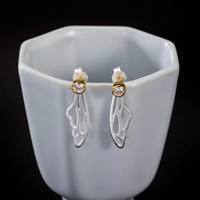 925 Silver Hollow Wings Zircon Stud Earrings High Female Vintage Jewelry