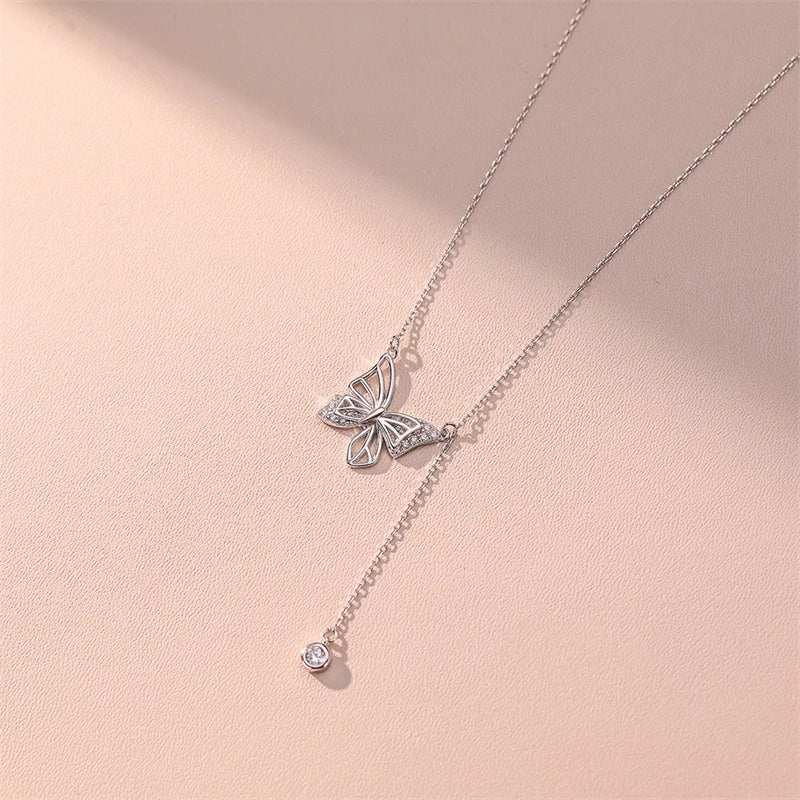 925 Silver Fairy Butterfly Pendant Necklace Zircon Tassel Choker