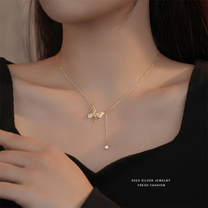 925 Silver Fairy Butterfly Pendant Necklace Zircon Tassel Choker