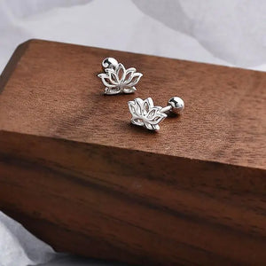 925 Silver Lotus Flower Stud Earrings Women Piercing Jewelry