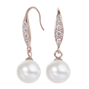 925 Silver Hook Earrings CZ Rose Plated Pearl Drop