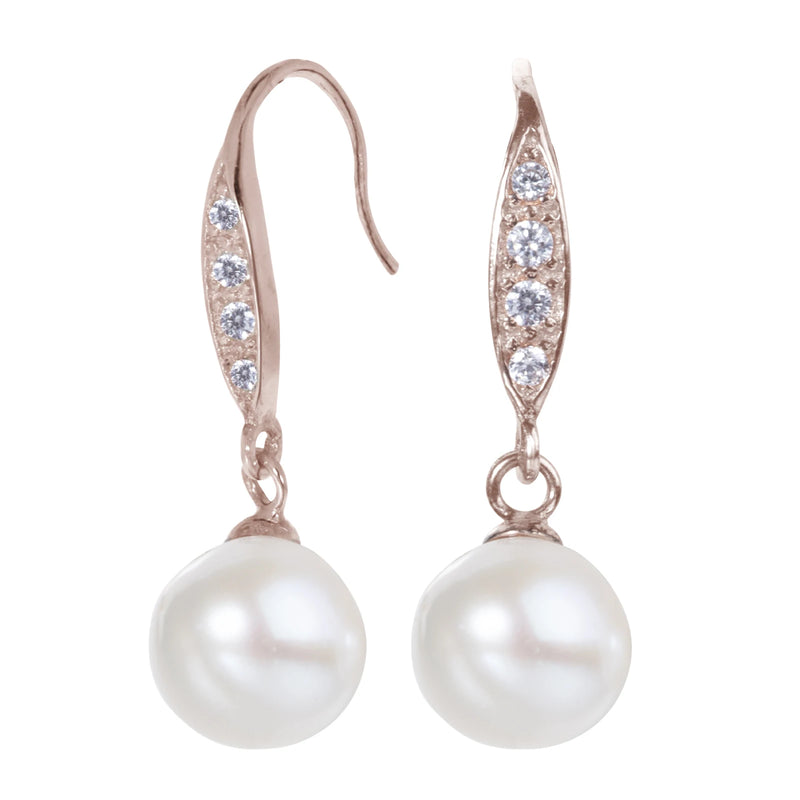 925 Silver Hook Earrings CZ Rose Plated Pearl Drop