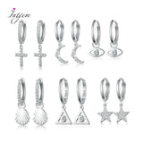 925 Silver Hoop Earrings Cross Moon Zircon Fine Ear Jewelry