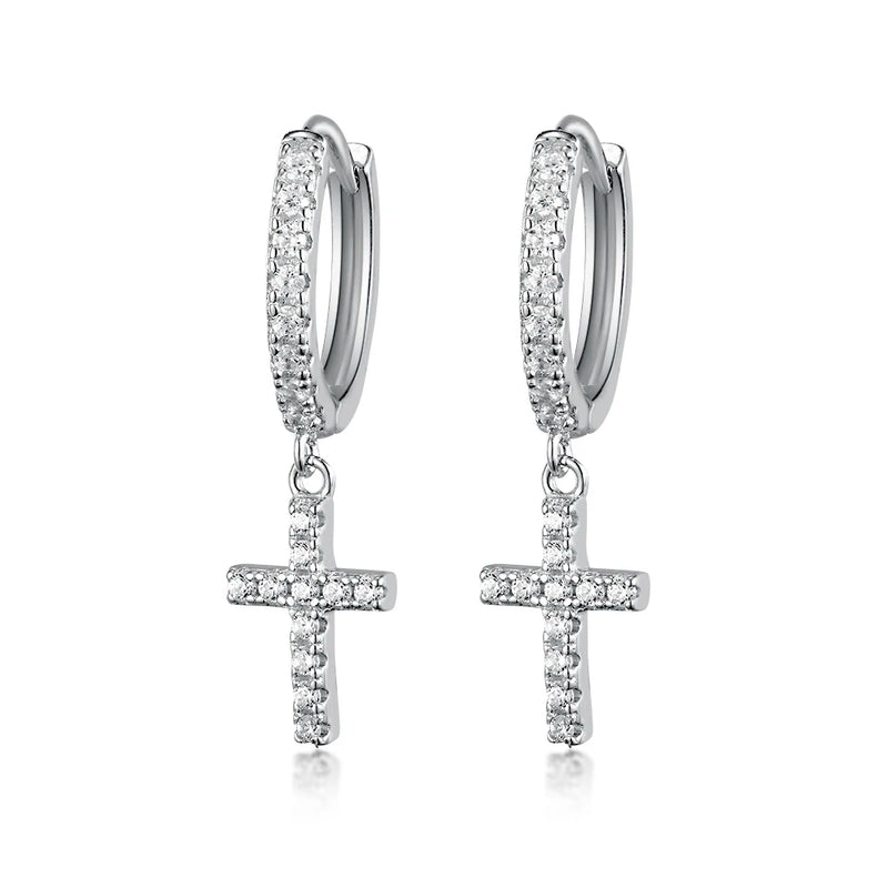 925 Silver Hoop Earrings Cross Moon Zircon Fine Ear Jewelry