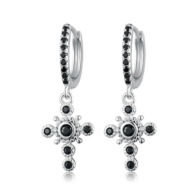 925 Silver Hoop Earrings Cross Zircon Women Gift Pendant Cross Earrings