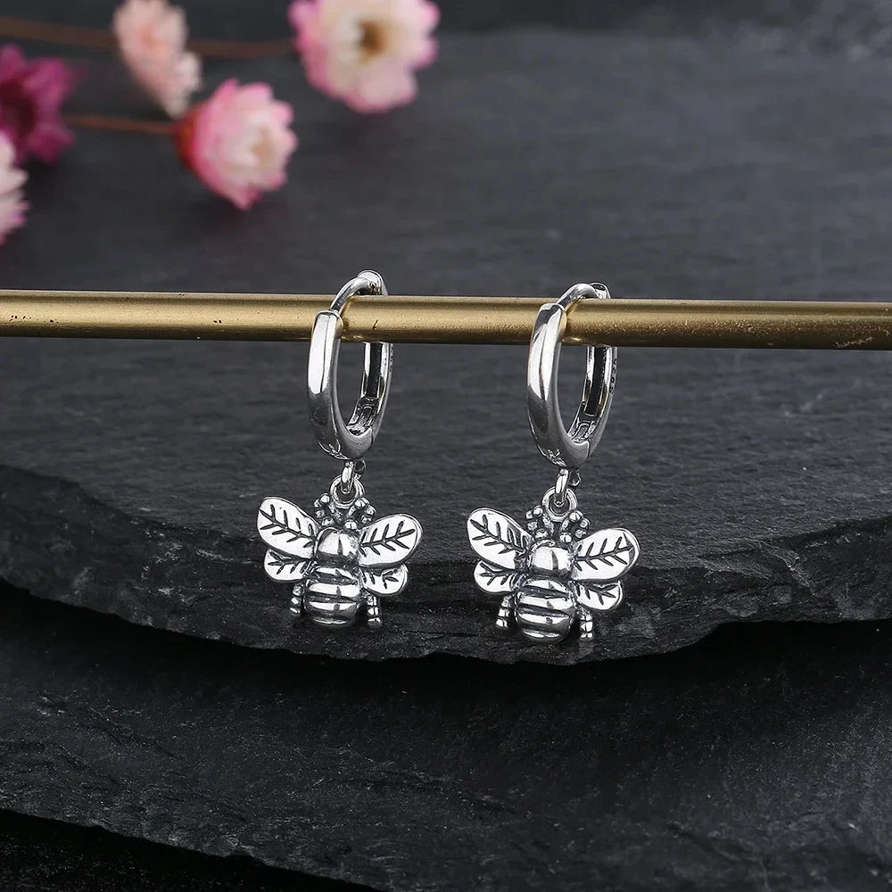 925 Silver Bee Hoop Earrings Vintage Style Drop Earring Women's Party Gift
