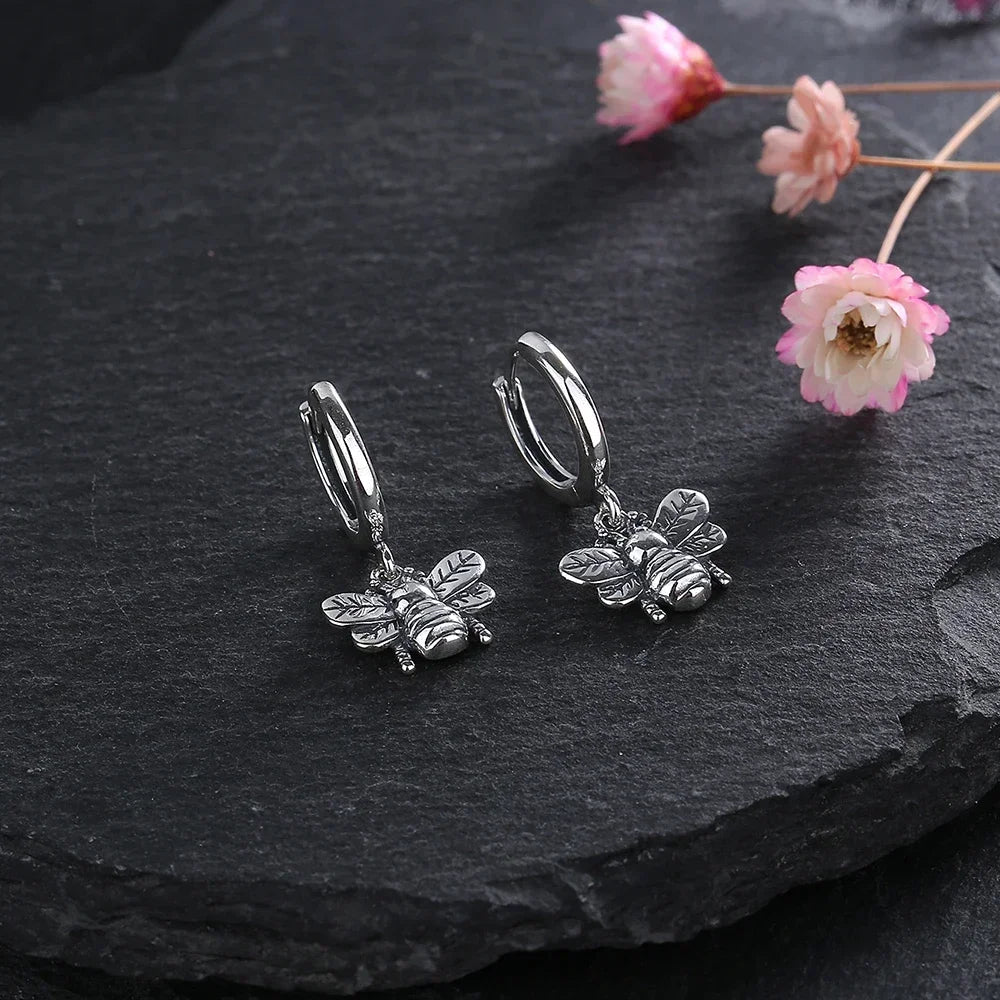 925 Silver Bee Hoop Earrings Vintage Style Drop Earring Women's Party Gift