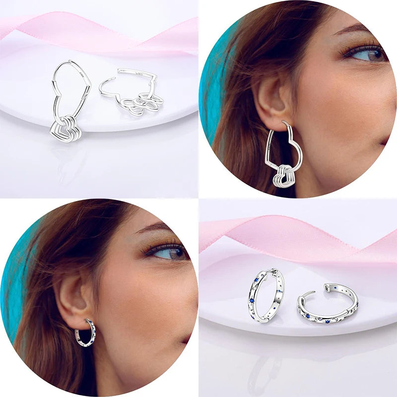 925 Silver Hoop Earrings Heart Moon Star Zircon Fine Earring Jewelry