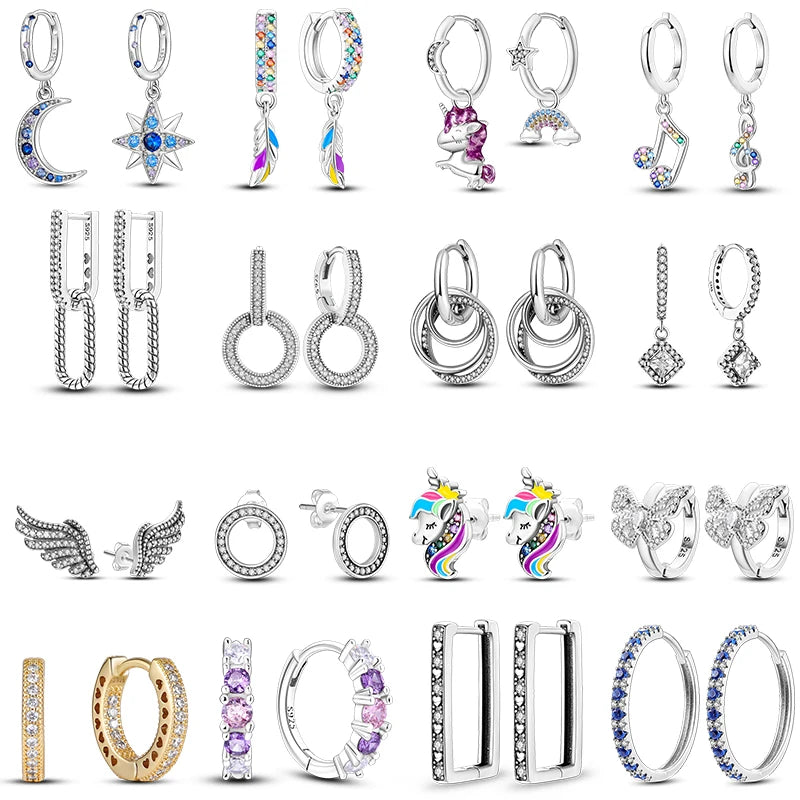 925 Silver Hoop Earrings Heart Moon Star Zircon Fine Earring Jewelry