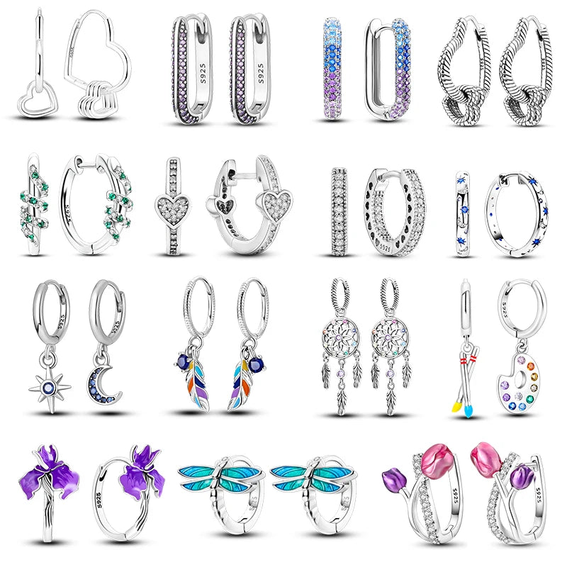 925 Silver Hoop Earrings Heart Moon Star Zircon Fine Earring Jewelry