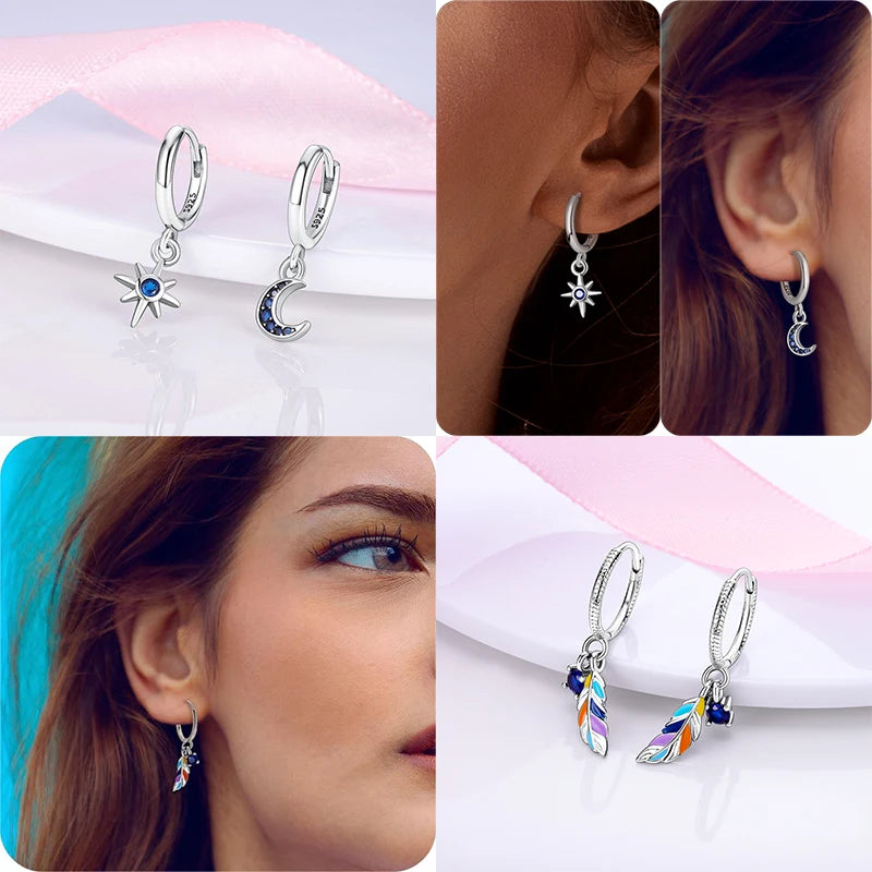 925 Silver Hoop Earrings Heart Moon Star Zircon Fine Earring Jewelry