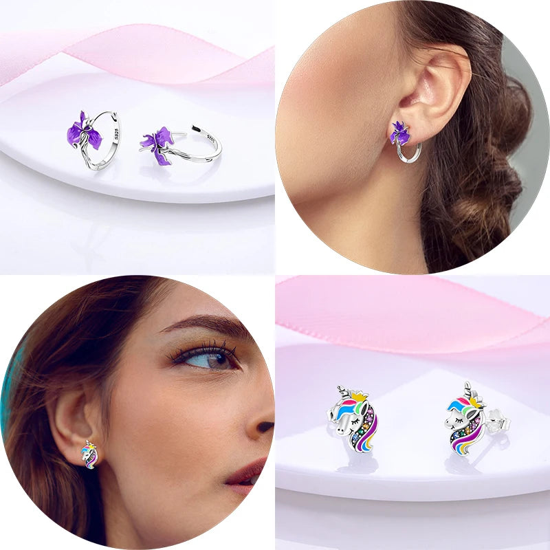 925 Silver Hoop Earrings Heart Moon Star Zircon Fine Earring Jewelry