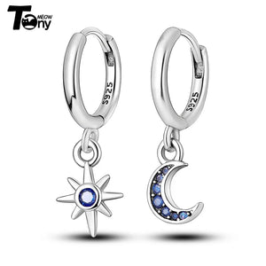925 Silver Hoop Earrings U Shape Star Moon Feather Zircon