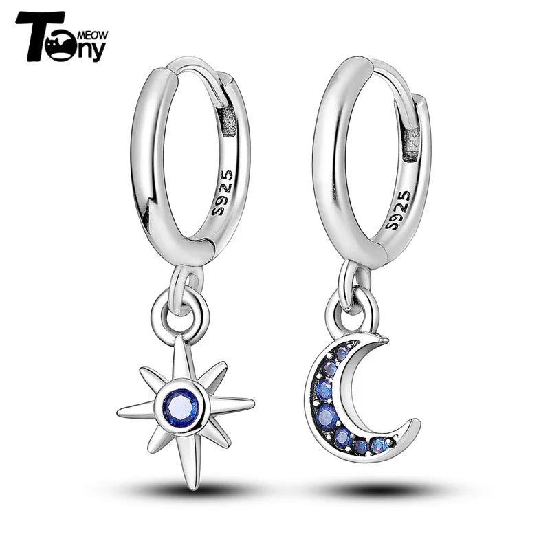925 Silver Hoop Earrings U Shape Star Moon Feather Zircon