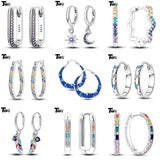 925 Silver Hoop Earrings U Shape Star Moon Feather Zircon