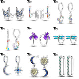 925 Silver Hoop Earrings U Shape Star Moon Feather Zircon