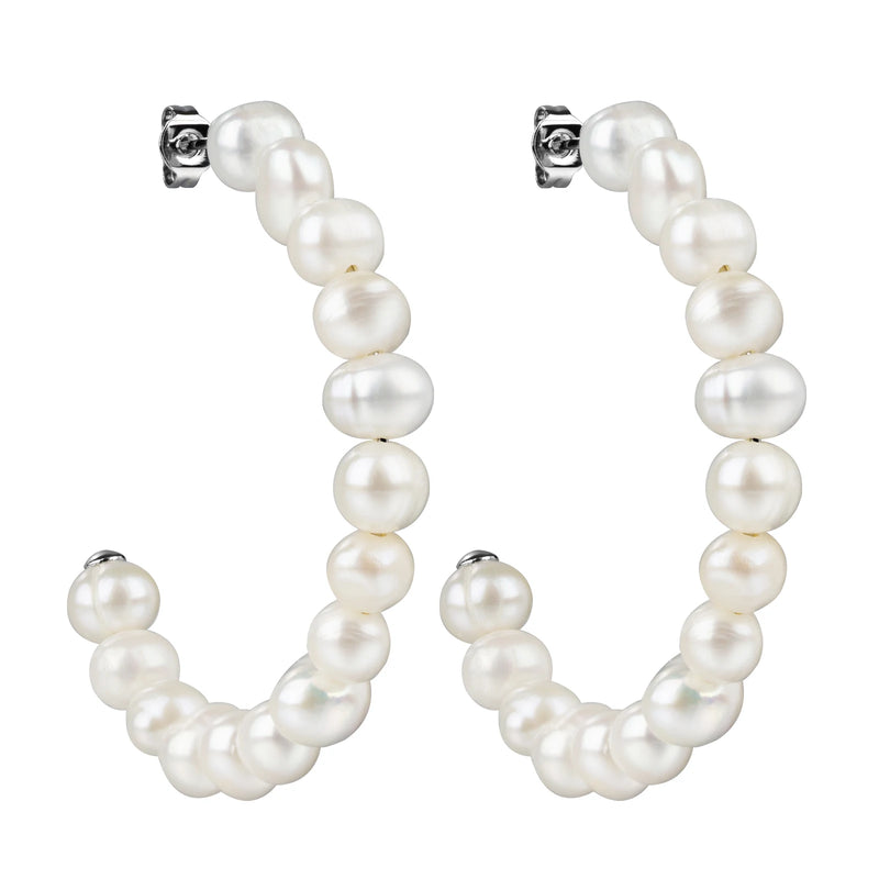 925 Silver Hoop Earrings Freshwater Pearl Circle Jewelry Gift