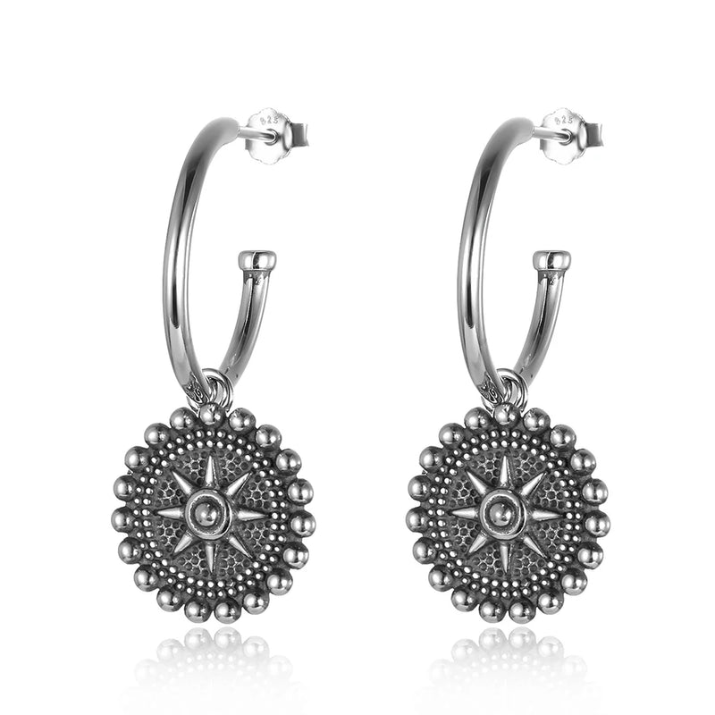 925 Silver Hoop Earrings Bead Edge Star Light Oxidized Ear Jewelry