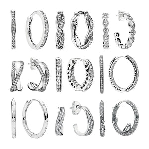 925 Silver Hoops Earrings Zircon Stones Entwined Hearts Waves Spring Bird