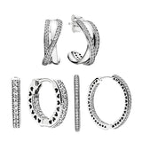 925 Silver Hoops Earrings Zircon Stones Entwined Hearts Waves Spring Bird