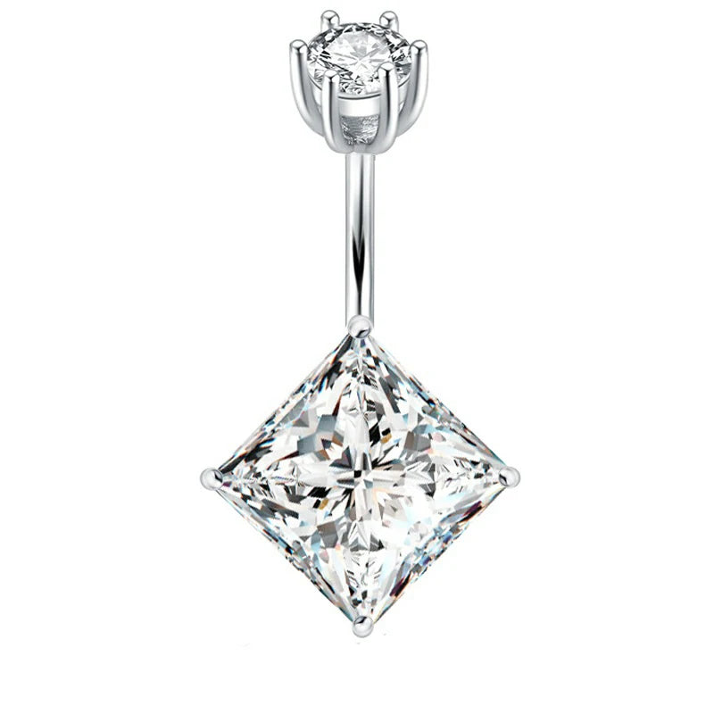 925 Silver Square Zircon Decorated Belly Button Rings