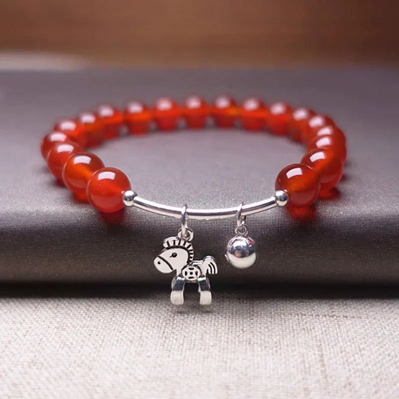 925 Silver Horse Charm Bracelet Red Agate Beads Natural Jewelry