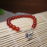 925 Silver Horse Charm Bracelet Red Agate Beads Natural Jewelry
