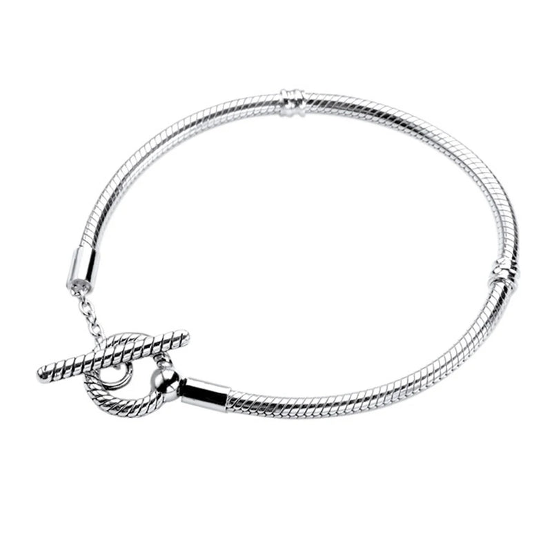 925 Silver Hose Chain Bracelet T-Lock Charm Beads Making Women