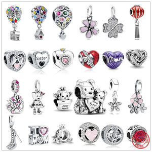925 Silver Hot Air Balloon Flower Heart Pendant Bead Bracelet DIY Jewelry Gift