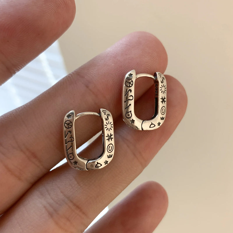 925 Silver Graffiti Earrings Sexy Jewelry Gift Hoop Earrings