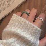 925 Silver Hotan Jade Pearl Bead Ring Elastic Finger Jewelry Women Gift