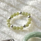 925 Silver Hotan Jade Pearl Bead Ring Elastic Finger Jewelry Women Gift