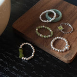 925 Silver Hotan Jade Pearl Bead Ring Elastic Finger Jewelry Women Gift