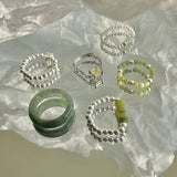 925 Silver Hotan Jade Pearl Bead Ring Elastic Finger Jewelry Women Gift