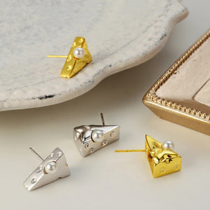 925 Silver Simulated Pearl Stud Earrings Asymmetric Small Cheese