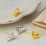 925 Silver Simulated Pearl Stud Earrings Asymmetric Small Cheese