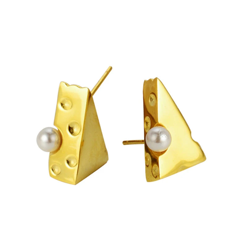 925 Silver Simulated Pearl Stud Earrings Asymmetric Small Cheese